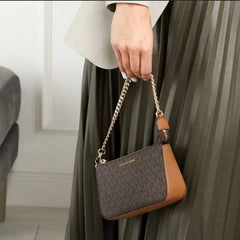 Michael Kors MK MD Chain Pouchette Bag With OG Box & Dust Bag 1930 Coffee Brown