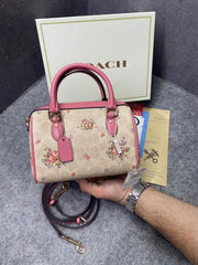 Coach Rowan Satchel Signature Coated Canvas Floral Print in Vibrant Pink Leather With OG Box & Dust Cover Pink
