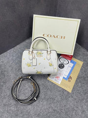 Coach Rowan Satchel Signature Coated Canvas Vibrant White Floral Dandelion Print Leather With OG Box & Dust Cover White