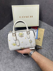 Coach Rowan Satchel Signature Coated Canvas Vibrant White Floral Dandelion Print Leather With OG Box & Dust Cover White