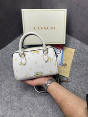 Coach Rowan Satchel Signature Coated Canvas Vibrant White Floral Dandelion Print Leather With OG Box & Dust Cover White