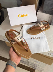 Chloe Woody Flat Sandal Beige Canvas & Leather With OG Box & Dust Cover Beige