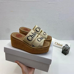 Chloe Woody Wedge Espadrille Sandals Platform Heel Beige Logo embroidered Straps With OG Box Beige