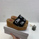 Chloe Woody Wedge Espadrille Sandals Platform Heel Black Logo embroidered Straps With OG Box Black
