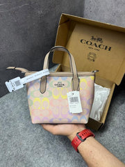 Coach Mini Tote Bag Multicolor Signature Canvas Tan Leather Trim Shoulder Strap With OG Box & Dust Cover 165 Rainbow