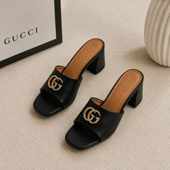 Gucci GG Logo Mid Heel Slide Sandal Black Interlocking G With OG Box & Carry Bag 2738 Black