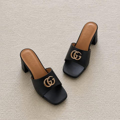 Gucci GG Logo Mid Heel Slide Sandal Black Interlocking G With OG Box & Carry Bag 2738 Black