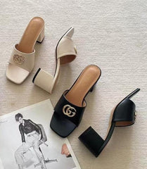 Gucci GG Logo Mid Heel Slide Sandal Black Interlocking G With OG Box & Carry Bag 2738 Black
