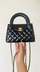 Chanel Mini EKelly Top Handle Black Bag Diamond Quilted CC Turn Bag With OG Box & Dust Cover 7661 Black