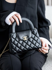Chanel Mini EKelly Top Handle Black Bag Diamond Quilted CC Turn Bag With OG Box & Dust Cover 7661 Black