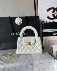Chanel Mini EKelly Top Handle White Bag Diamond Quilted CC Turn Bag With OG Box & Dust Cover 7661 White