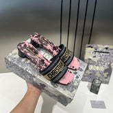 Christian Dior Dway Helled Slide Signature Embroidered Pink Black With OG Box & Carry Bag 755-1 Black