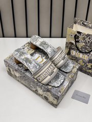 Christian Dior Dway Heeled Slide Signature Embroidered Grey With OG Box & Carry Bag 755-1 Gray