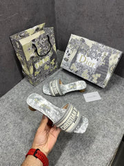 Christian Dior Dway Heeled Slide Signature Embroidered Grey With OG Box & Carry Bag 755-1 Gray