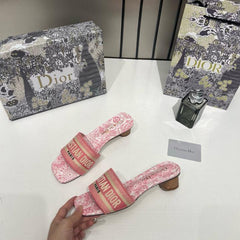 Christian Dior Dway Heeled Slide Signature Embroidered Pink With OG Box & Carry Bag 755-1 Pink