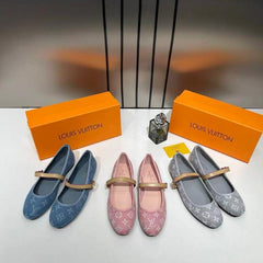 Louis Vuitton Romy Ballerina Grey Monogram Denim Ballet Cross-Strap With OG Box & Carry Bag 166-46 Grey