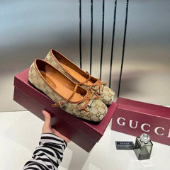 Gucci GG Canvas Strap Ballet Flats Signature Monogram Pattern Bow With OG Box & Carry Bag 8058-6 Apricot