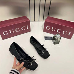 Gucci GG Canvas Strap Ballet Flats Signature Monogram Pattern Bow With OG Box & Carry Bag 8058-6 Black