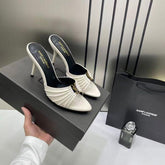 Ysl Saint Laurent Babylone Nude Apricot Stiletto Mules Gold-tone Cassandre logo Detail With OG Box & Carry Bag A1 Nude Apricot