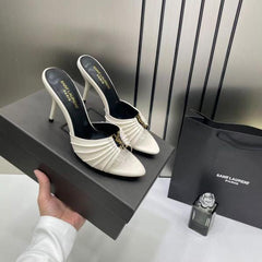 Ysl Saint Laurent Babylone Nude Apricot Stiletto Mules Gold-tone Cassandre logo Detail With OG Box & Carry Bag A1 Nude Apricot
