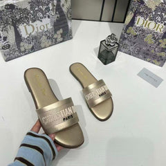 Christian Dior Dway Slide Flats Metallic Gold Embroidered Signature Logo With OG Box & Carry Bag 1890-60 Gold
