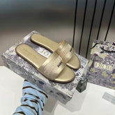 Christian Dior Dway Slide Flats Metallic Gold Embroidered Signature Logo With OG Box & Carry Bag 1890-60 Gold