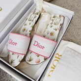 Christian Dior Flats Sandals Multicolored CD Secret Garden Floral Pink & White Motif With OG Box & Carry Bag 2019-1 Pink