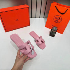 Hermes Paris Oran Pink Flats For Her With OG Box & Carry Bag Slide Pink