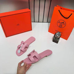 Hermes Paris Oran Pink Flats For Her With OG Box & Carry Bag Slide Pink
