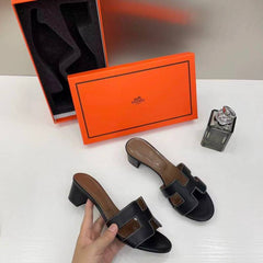 Hermes Oasis Sandals Black H cut-out Stacked Block Heel With OG & Carry Bag 778 Black