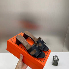 Hermes Oasis Sandals Black H cut-out Stacked Block Heel With OG & Carry Bag 778 Black
