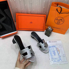 Hermes Oasis Sandals Silver Black H cut-out Stacked Block Heel With OG & Carry Bag 778 Silver
