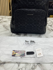 Coach Ethan Black Signature Embossed Leather Backpack with Front Zip Pockets & Dust Bag (888)