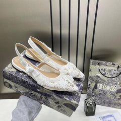 Christian Diyor JA diyor Slingback Transparent Mesh White Diyor Embroidery Flat With OG Box Dust Bag & Carry Bag