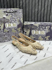 Christian Dior JA dior Slingback Transparent Mesh Beige Cream Dior Embroidery Flat With OG Box Dust Bag & Carry Bag
