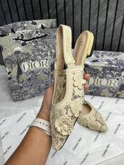 Christian Dior JA dior Slingback Transparent Mesh Beige Cream Dior Embroidery Flat With OG Box Dust Bag & Carry Bag
