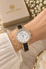 Michael Kors Parker black Rose gold white dial for her womens girls F416