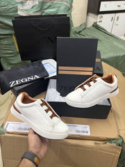 Zegna white Deer Skin Grained Leather Triple Stitch