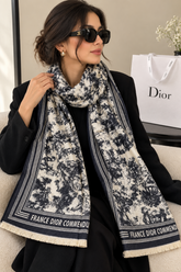 Christiaan Dior Toile de Jouy Pattern Wool Blend Scarf Black & Ivory With Brand Carry Bag