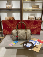 Tory Burch T Monogram Speedy Barrel Bag Hazelnut Brown Jacquard With OG Box & Dust Cover 163259