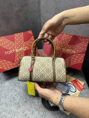 Tory Burch T Monogram Speedy Barrel Bag Hazelnut Brown Jacquard With OG Box & Dust Cover 163259