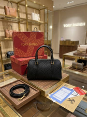 Tory Burch T Monogram Speedy Barrel Bag Black Jacquard With OG Box & Dust Cover 163259