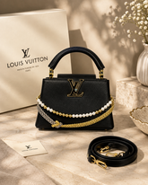 Louis Vuittion Capucines Black Leather Top Handle Shoulder Bag With Pearl & Gold Chain LV Logo Detachable Strap With OG Box Dust Cover & Carry Bag