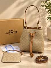Coach Rowan Signature Khakhi Brown Bucket Bag With Small Removable Zip Pouch With OG Box & Dust cover Khakhi Brown