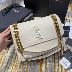 Ysl Saint Laurent Niki Medium Chain Bag White Quilted Crinkled Leather With OG Box Carry Bag 1325 White