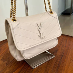 Ysl Saint Laurent Niki Medium Chain Bag White Quilted Crinkled Leather With OG Box Carry Bag 1325 White