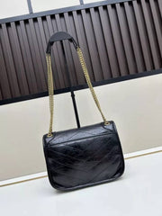 Ysl Saint Laurent Niki Medium Chain Bag Black Quilted Crinkled Leather With OG Box Carry Bag 1325 Black