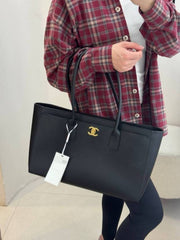 Chanel Black Leather Tote High Quality Leather With OG Box Dust Cover & Carry Bag 26006 Black Leather