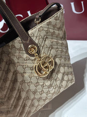 Gucci GG Marmont Large Tote Bag Sand & Brown GG Canvas With Chevron Quilting Pouch Antique Hardware With Carry Bag 855279