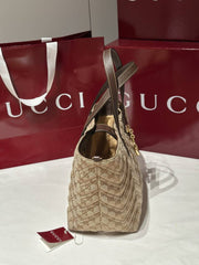Gucci GG Marmont Large Tote Bag Sand & Brown GG Canvas With Chevron Quilting Pouch Antique Hardware With Carry Bag 855279